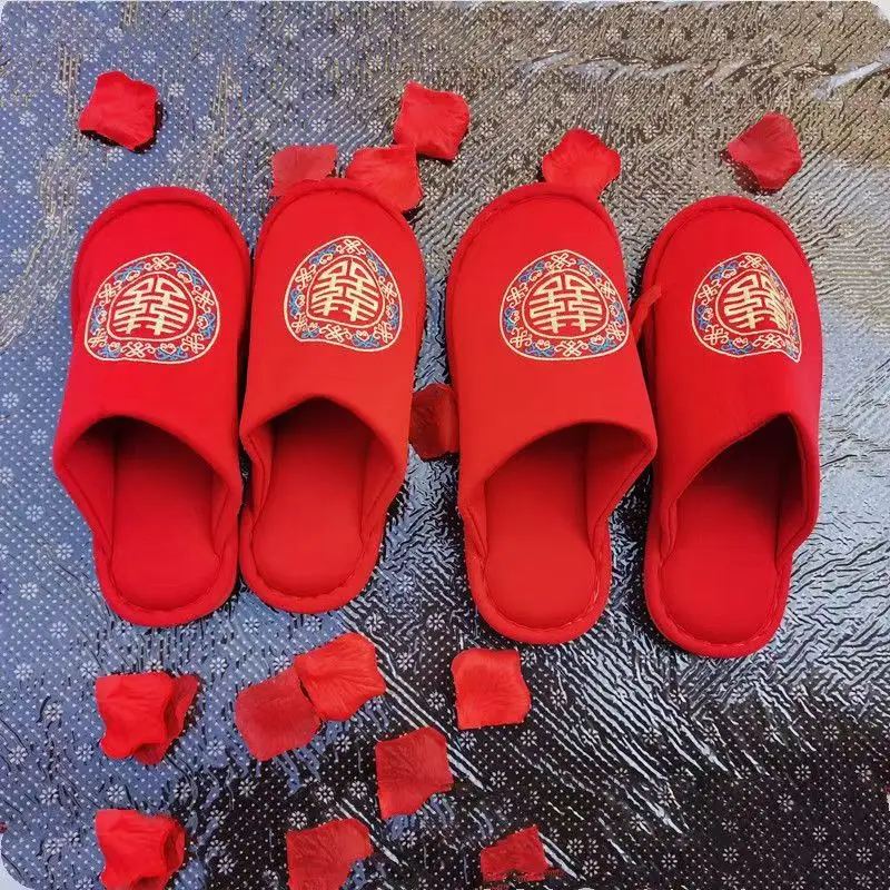 Wedding Red Hi Slippers Wedding Wedding Accompanying Couple Indoor Cotton Slippers for Bride and Groom Autumn and Winter Cotton Slippers