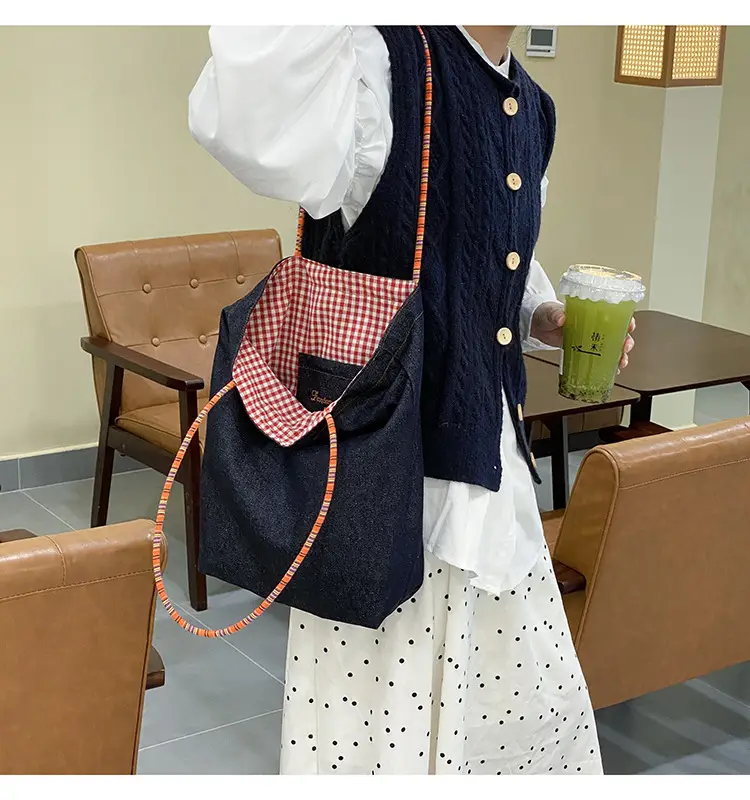 American Retro Denim Shoulder Bag Large Capacity Dual-Use Tote — feature 14
