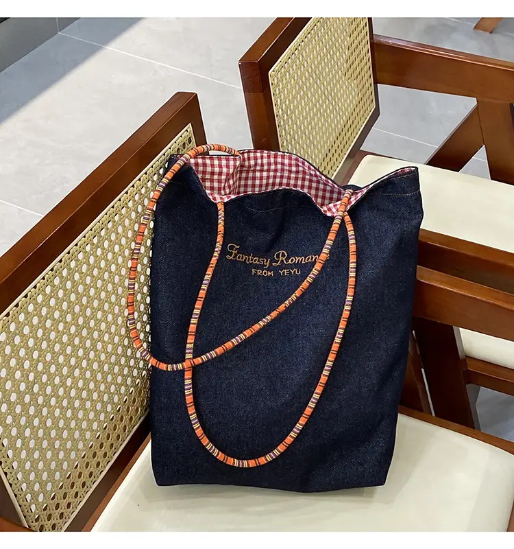 American Retro Denim Shoulder Bag Large Capacity Dual-Use Tote — feature 20