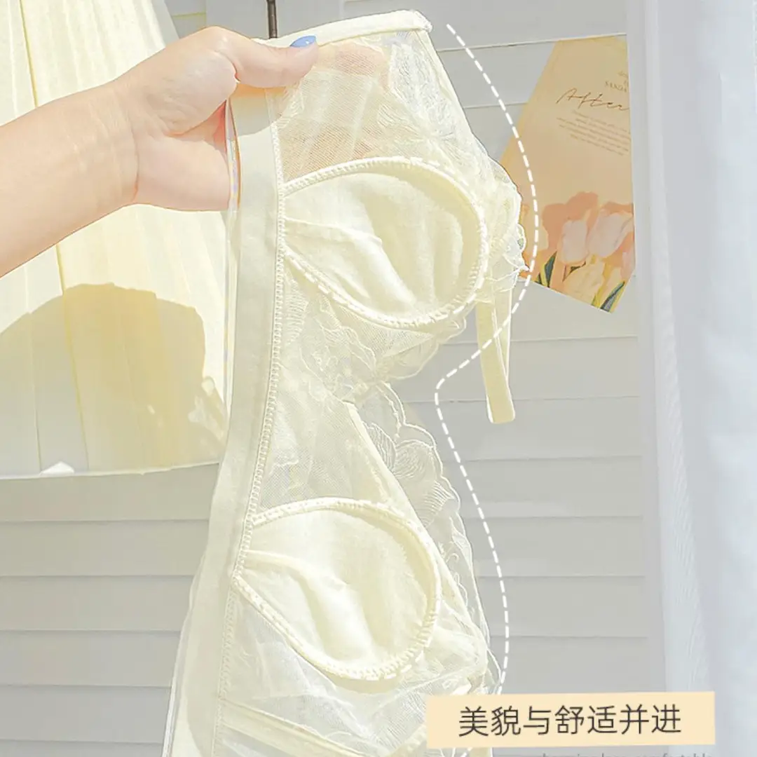 French-Style Lingerie for Girls with Large Busts, Summer Ultra-Thin Lace Bra, Wireless Bra, Lightweight and Breathable Bra