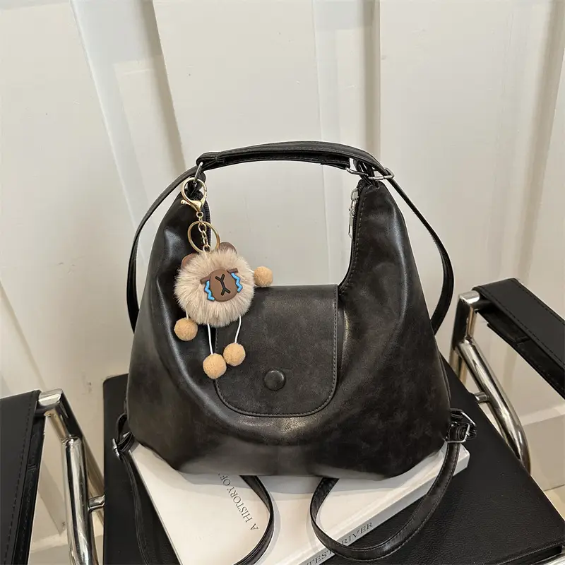 Retro Black Crossbody Bag with Doll Keychain 2024 - Image 10