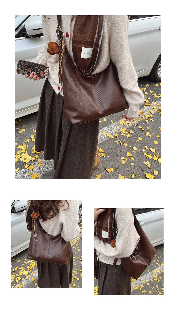 Women's Brown Leather Tote Bag Large Capacity Retro Design — feature 10