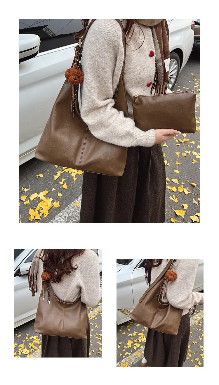 Women's Brown Leather Tote Bag Large Capacity Retro Design — feature 11