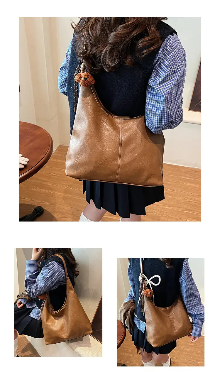 Women's Brown Leather Tote Bag Large Capacity Retro Design — feature 13