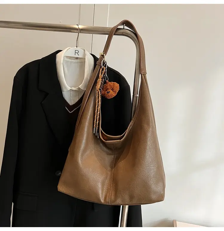Women's Brown Leather Tote Bag Large Capacity Retro Design — feature 22