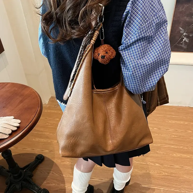 Women's Brown Leather Tote Bag Large Capacity Retro Design - Image 7