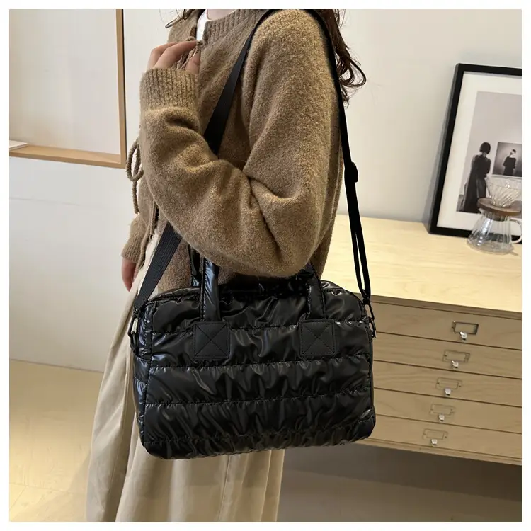 Women's Black Down Cotton Shoulder Bag Large Capacity - Image 8