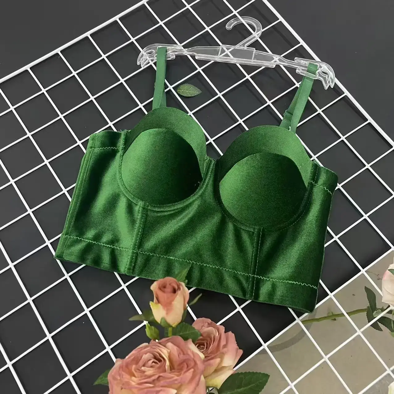 Maroon Velvet Fishbone Bra Underwear for Women - Image 2