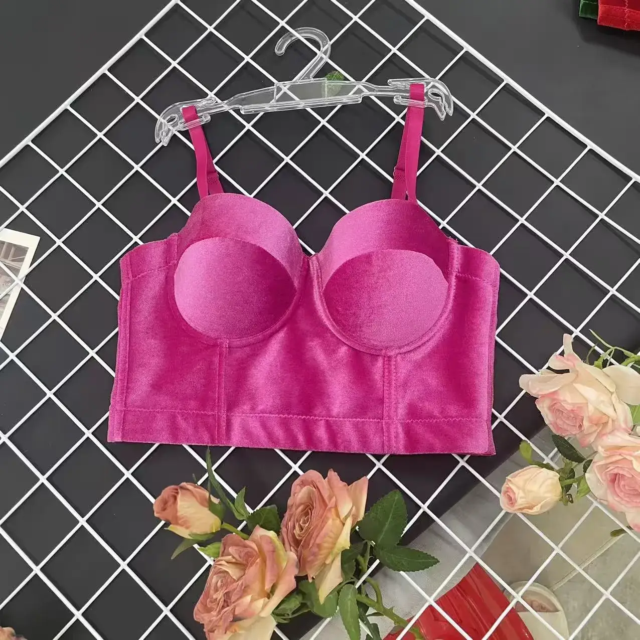 Maroon Velvet Fishbone Bra Underwear for Women - Image 3