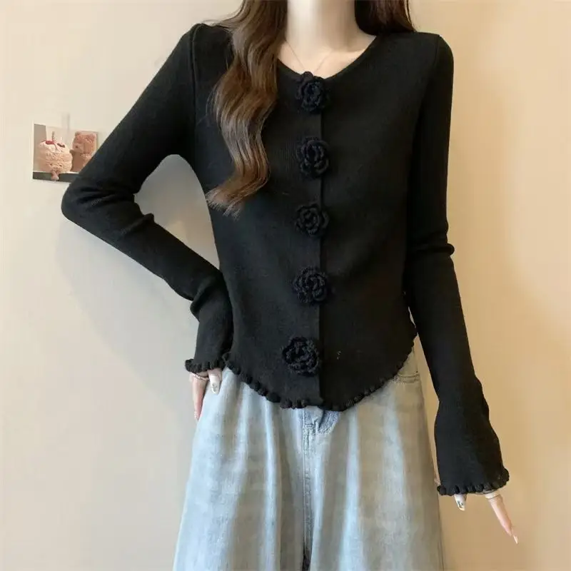French-Style Ruffled Round-Neck Knit Sweater for Women, 2026 Autumn and Winter New Floral Long-Sleeve Sweater Base Layer Top — feature 10