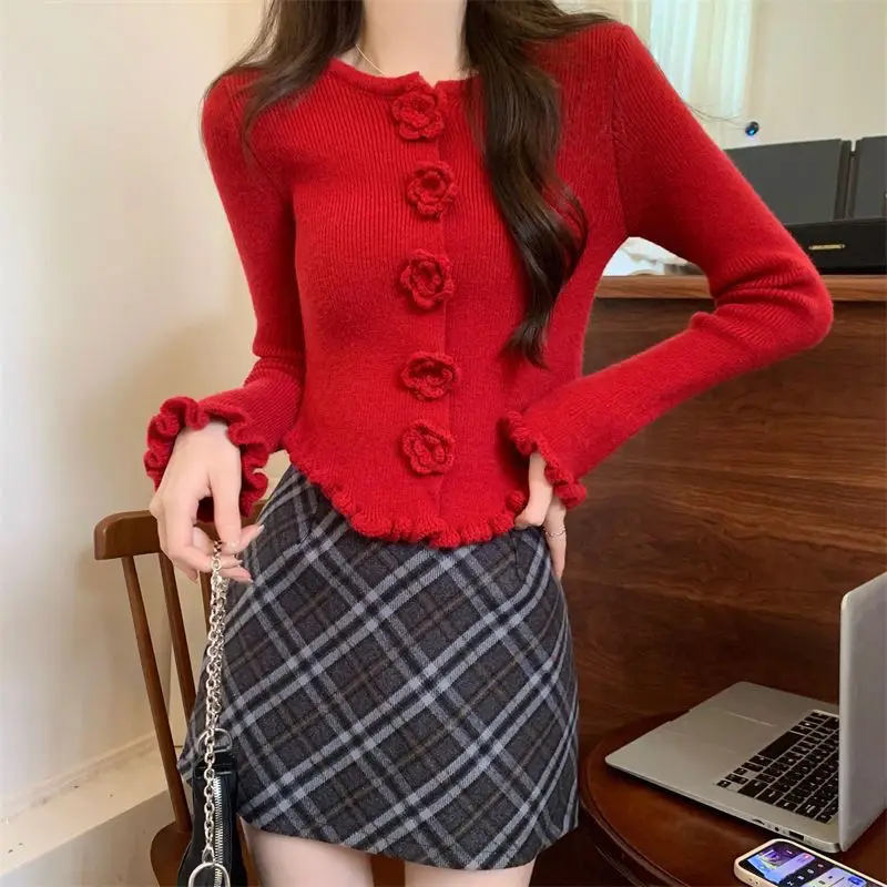 French-Style Ruffled Round-Neck Knit Sweater for Women, 2026 Autumn and Winter New Floral Long-Sleeve Sweater Base Layer Top
