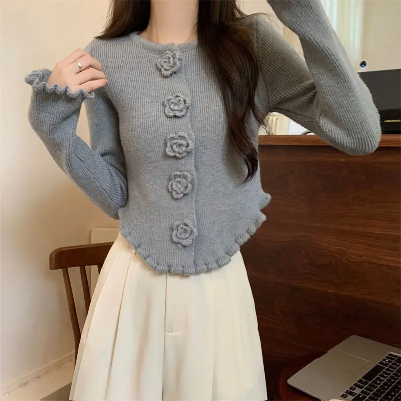 French-Style Ruffled Round-Neck Knit Sweater for Women, 2026 Autumn and Winter New Floral Long-Sleeve Sweater Base Layer Top