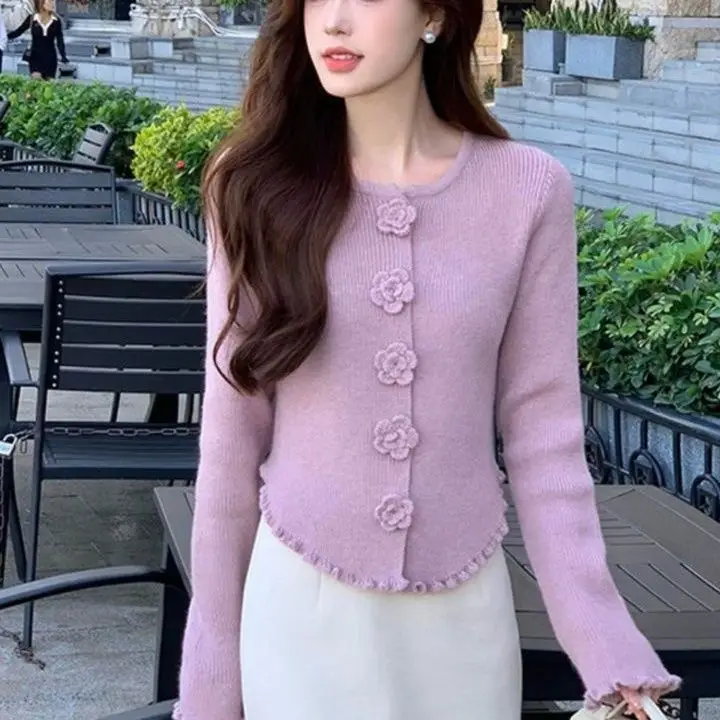 French-Style Ruffled Round-Neck Knit Sweater for Women, 2026 Autumn and Winter New Floral Long-Sleeve Sweater Base Layer Top