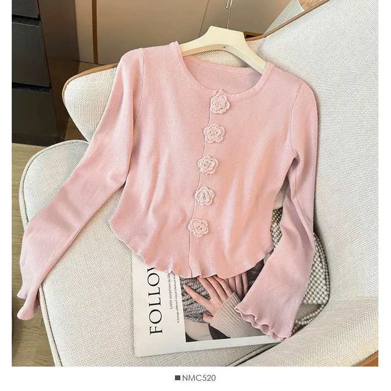 French-Style Ruffled Round-Neck Knit Sweater for Women, 2026 Autumn and Winter New Floral Long-Sleeve Sweater Base Layer Top