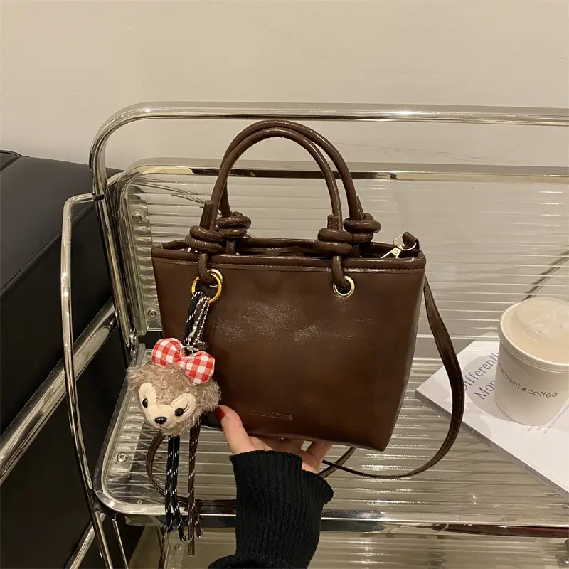 Retro Textured Bucket Bag Brown Winter Commuter Shoulder - Image 10