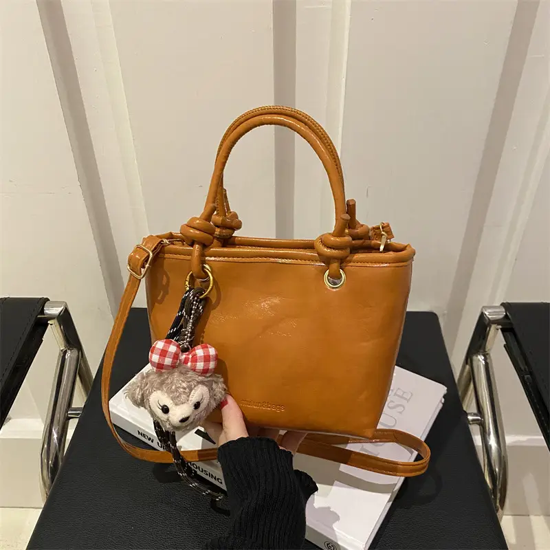 Retro Textured Bucket Bag Brown Winter Commuter Shoulder - Image 11