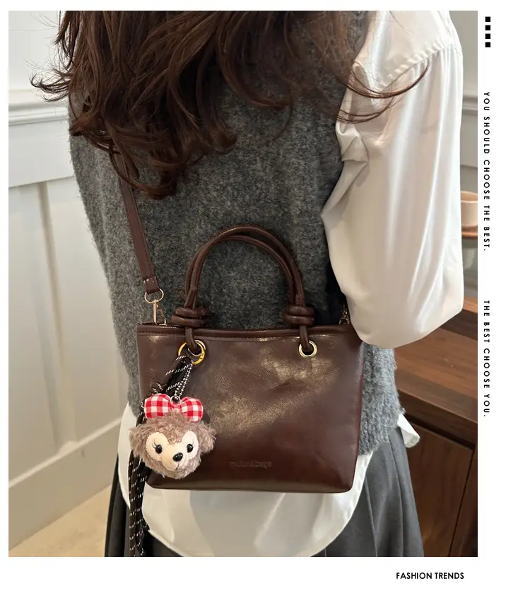 Retro Textured Bucket Bag Brown Winter Commuter Shoulder — feature 1