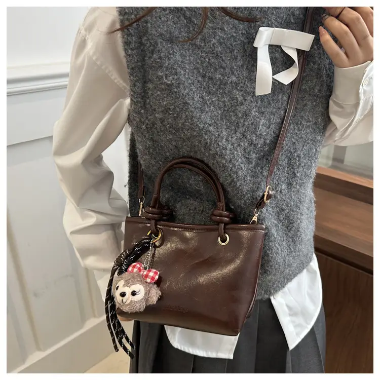 Retro Textured Bucket Bag Brown Winter Commuter Shoulder — feature 21