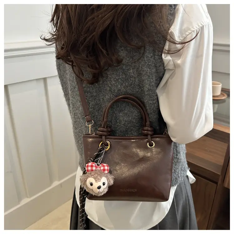 Retro Textured Bucket Bag Brown Winter Commuter Shoulder — feature 22
