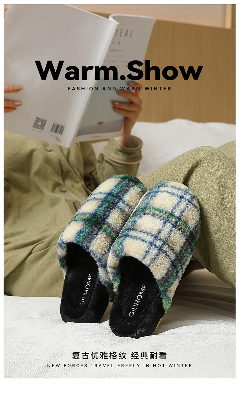 Plaid Cotton Slippers Women's Autumn and Winter Home Room Velvet Warm Soft Bottom Non-slip Cotton Shoes Men's Wool Slippers for Couple in Winter — feature 1