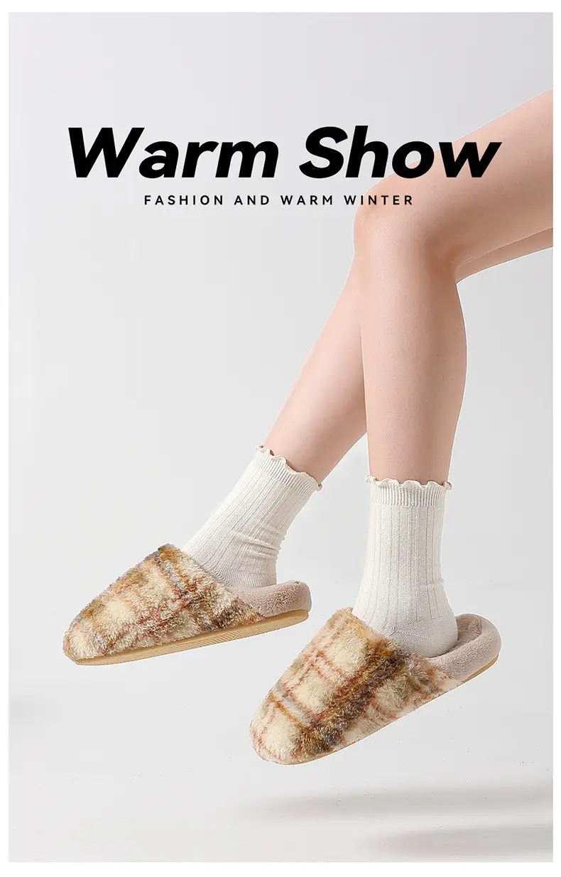 Plaid Cotton Slippers Women's Autumn and Winter Home Room Velvet Warm Soft Bottom Non-slip Cotton Shoes Men's Wool Slippers for Couple in Winter — feature 6