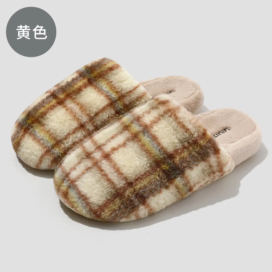 Plaid Cotton Slippers Women's Autumn and Winter Home Room Velvet Warm Soft Bottom Non-slip Cotton Shoes Men's Wool Slippers for Couple in Winter - Image 2