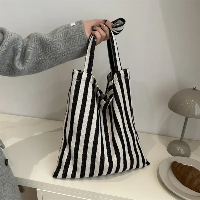 Women's Red White Stripe Shoulder Bag Large Capacity Canvas Tote - Image 4