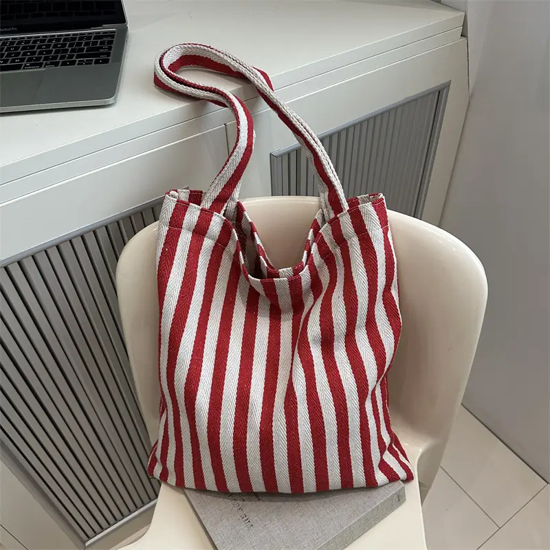 Women's Red White Stripe Shoulder Bag Large Capacity Canvas Tote - Image 5