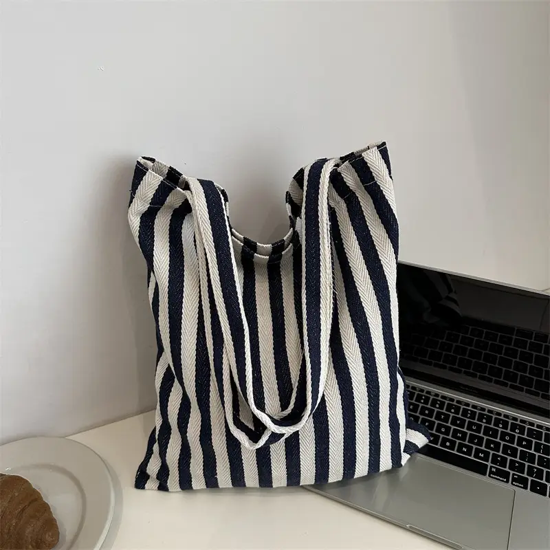 Women's Red White Stripe Shoulder Bag Large Capacity Canvas Tote - Image 6