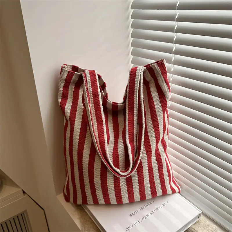 Women's Red White Stripe Shoulder Bag Large Capacity Canvas Tote - Image 7