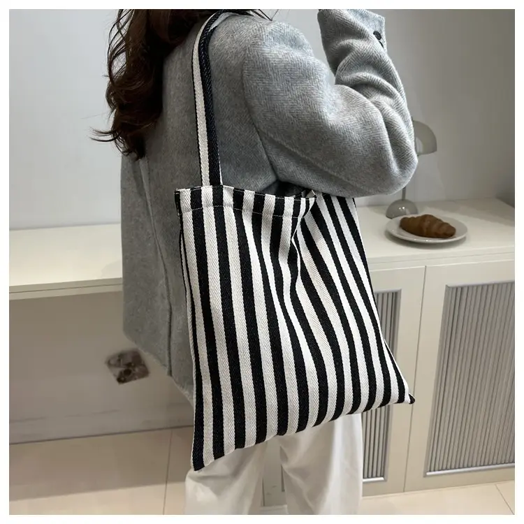 Women's Red White Stripe Shoulder Bag Large Capacity Canvas Tote — feature 11