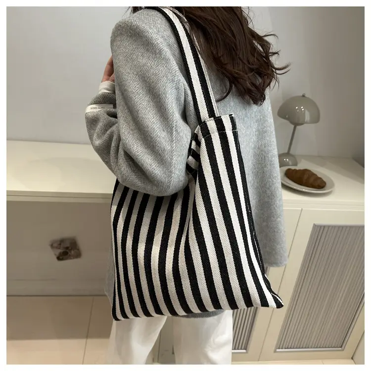 Women's Red White Stripe Shoulder Bag Large Capacity Canvas Tote — feature 12