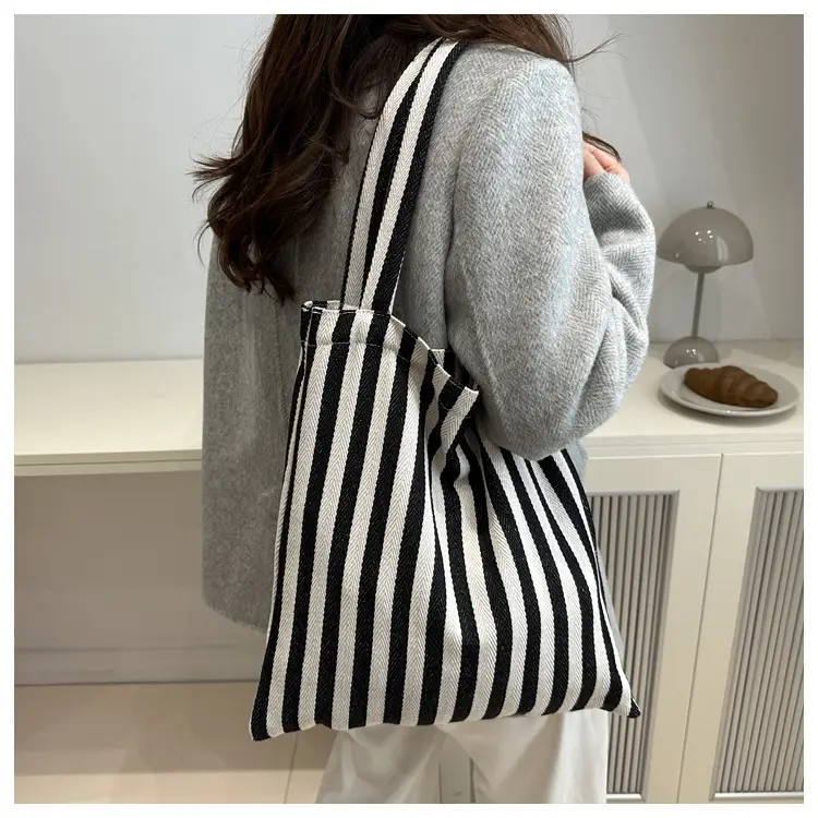 Women's Red White Stripe Shoulder Bag Large Capacity Canvas Tote — feature 14
