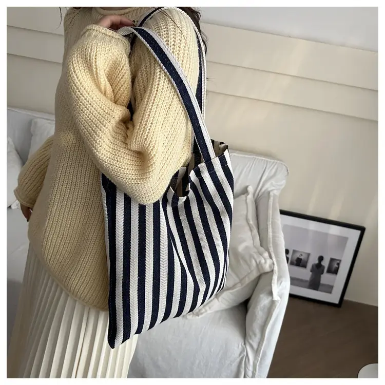 Women's Red White Stripe Shoulder Bag Large Capacity Canvas Tote — feature 15