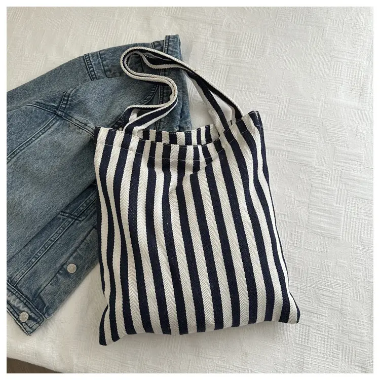 Women's Red White Stripe Shoulder Bag Large Capacity Canvas Tote — feature 20