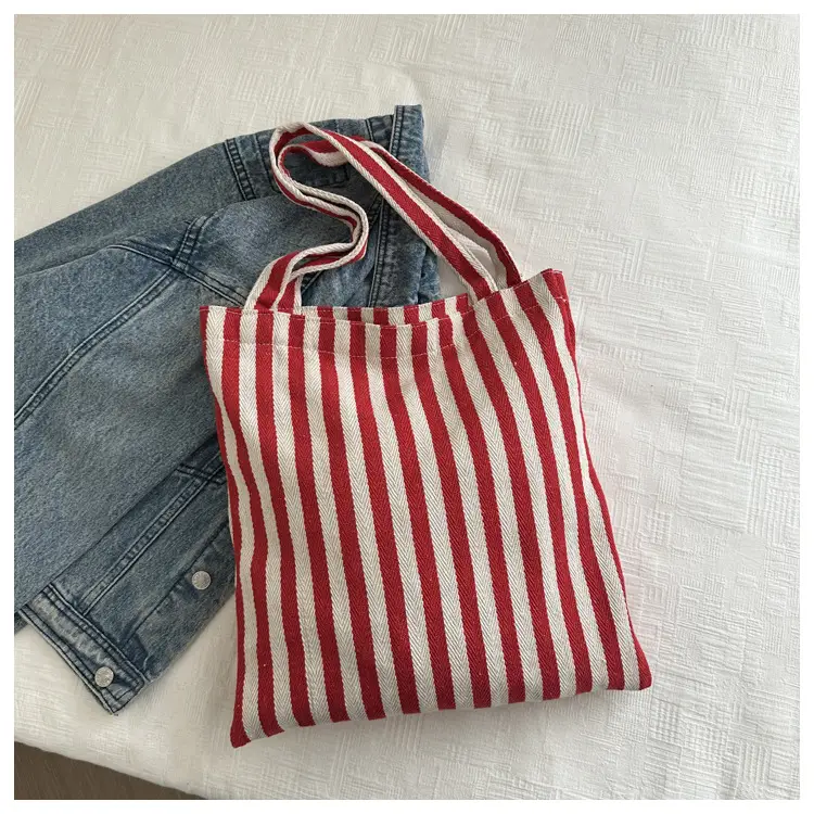 Women's Red White Stripe Shoulder Bag Large Capacity Canvas Tote — feature 21
