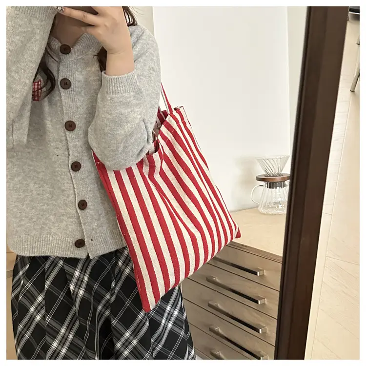 Women's Red White Stripe Shoulder Bag Large Capacity Canvas Tote — feature 9