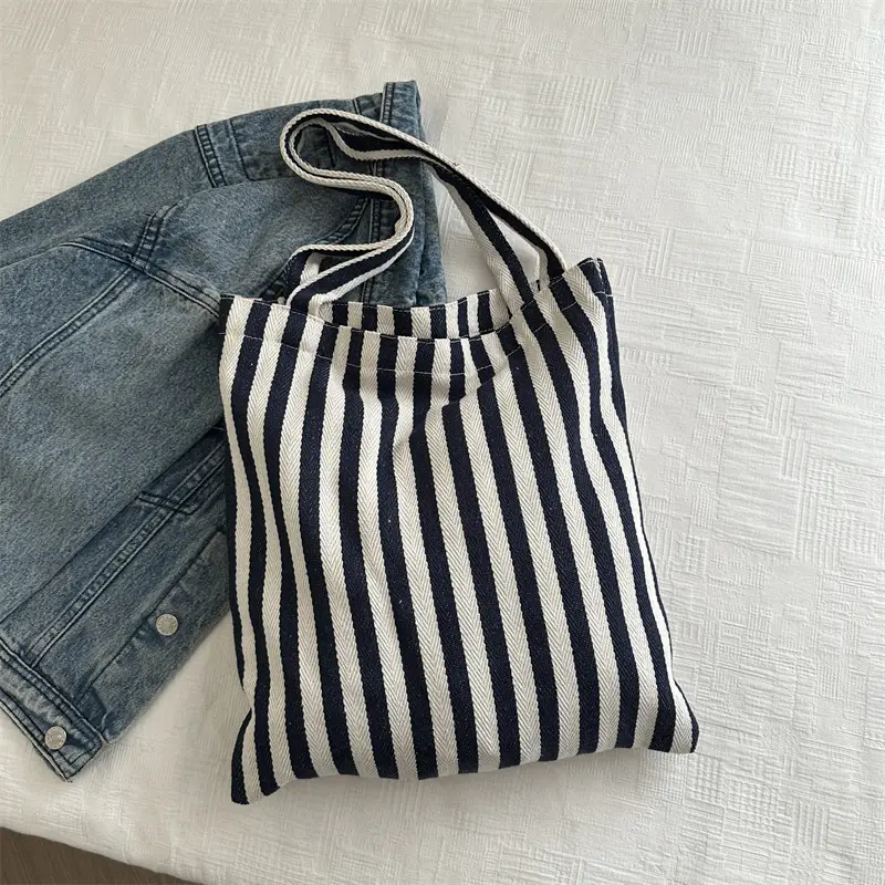 Women's Red White Stripe Shoulder Bag Large Capacity Canvas Tote - Image 3