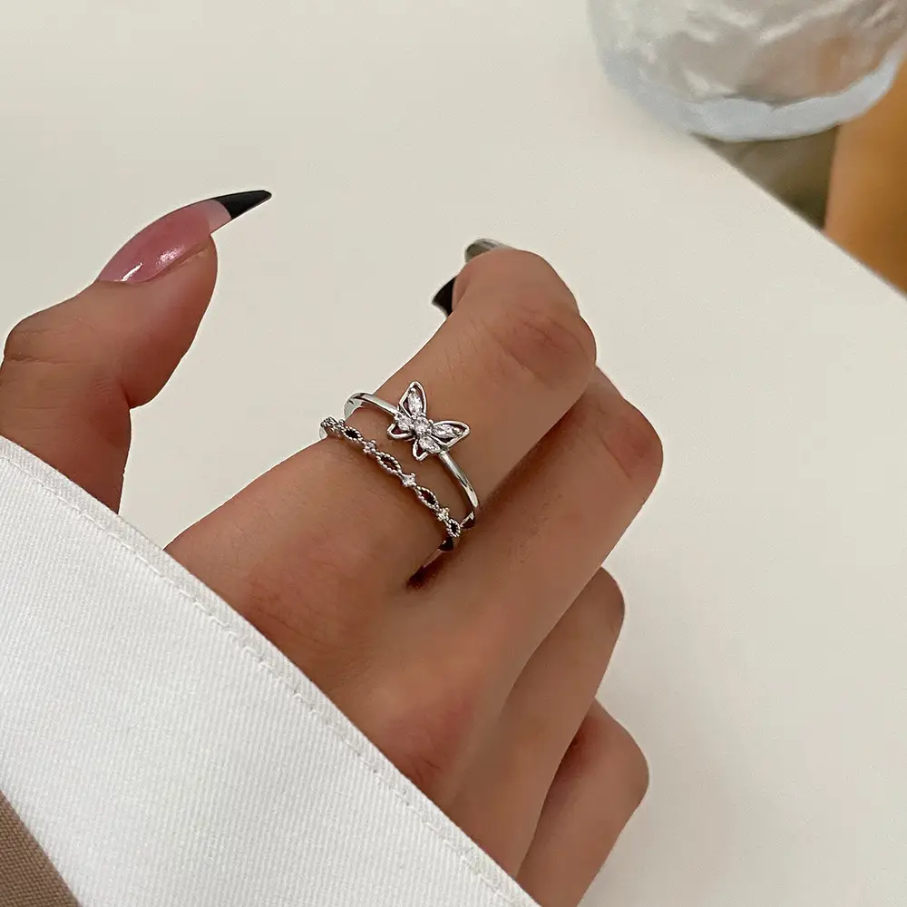 Women Retro Butterfly Adjustable Copper Zircon Ring — feature 19