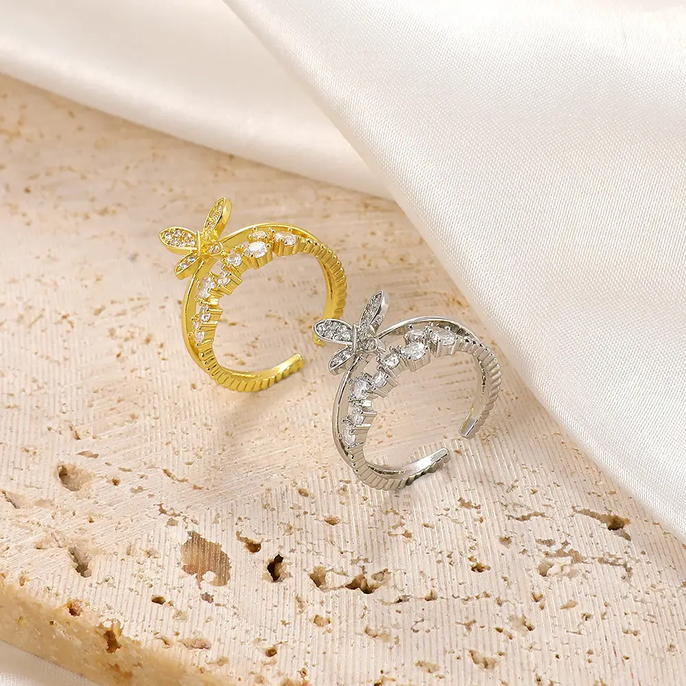 Women Retro Butterfly Adjustable Copper Zircon Ring — feature 20