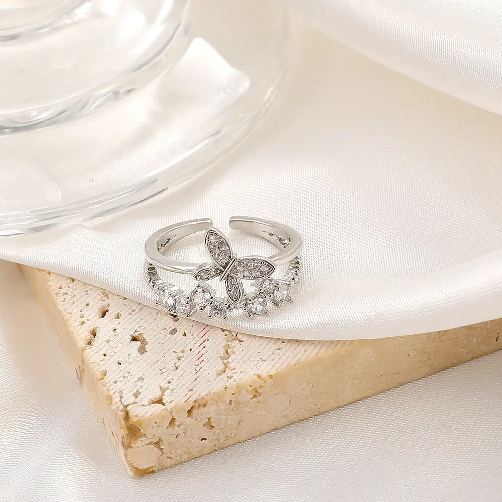 Women Retro Butterfly Adjustable Copper Zircon Ring — feature 21