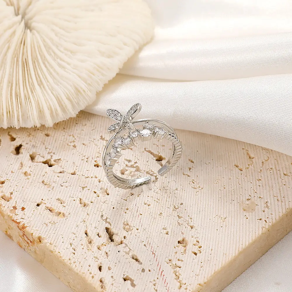 Women Retro Butterfly Adjustable Copper Zircon Ring — feature 22