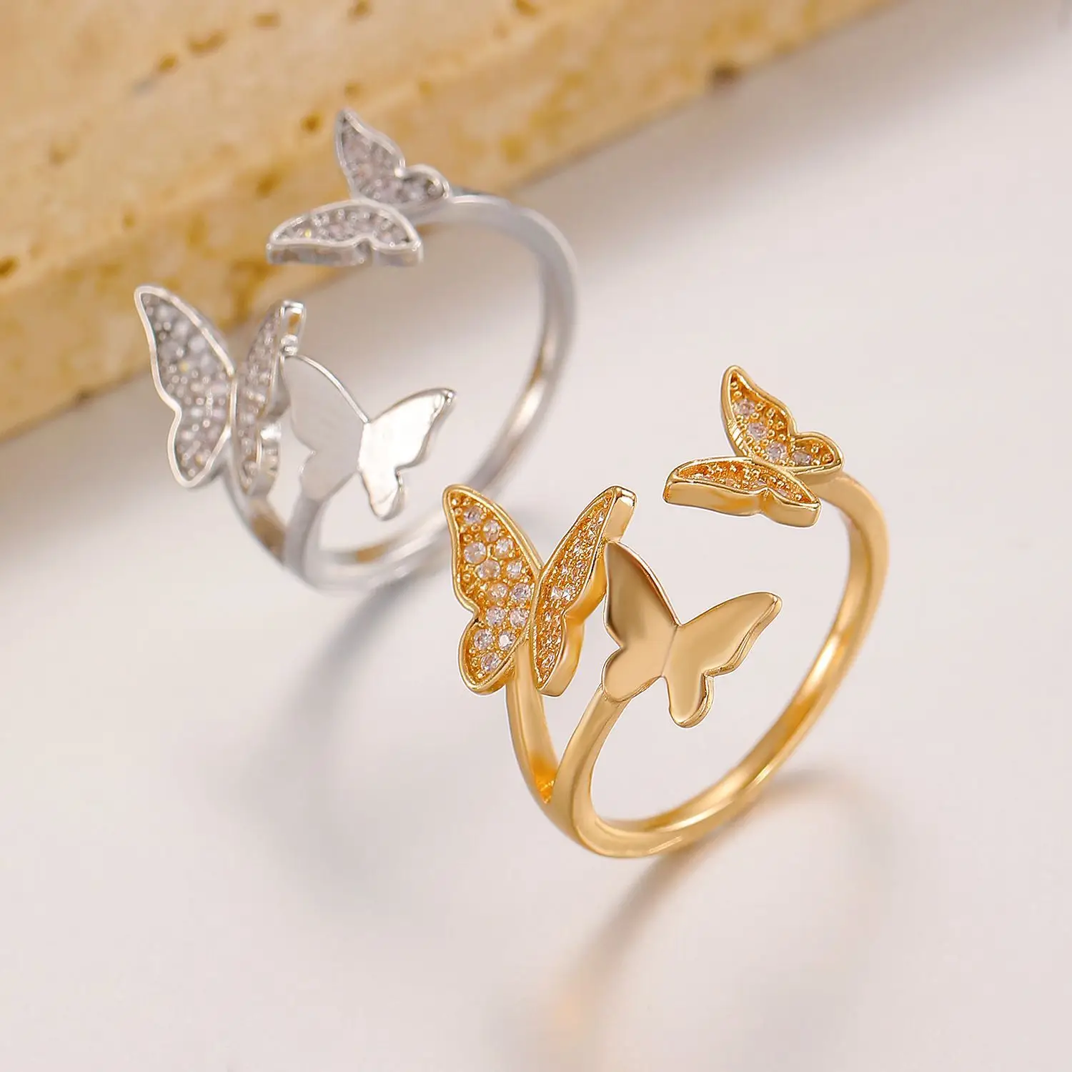 Women Retro Butterfly Adjustable Copper Zircon Ring — feature 25