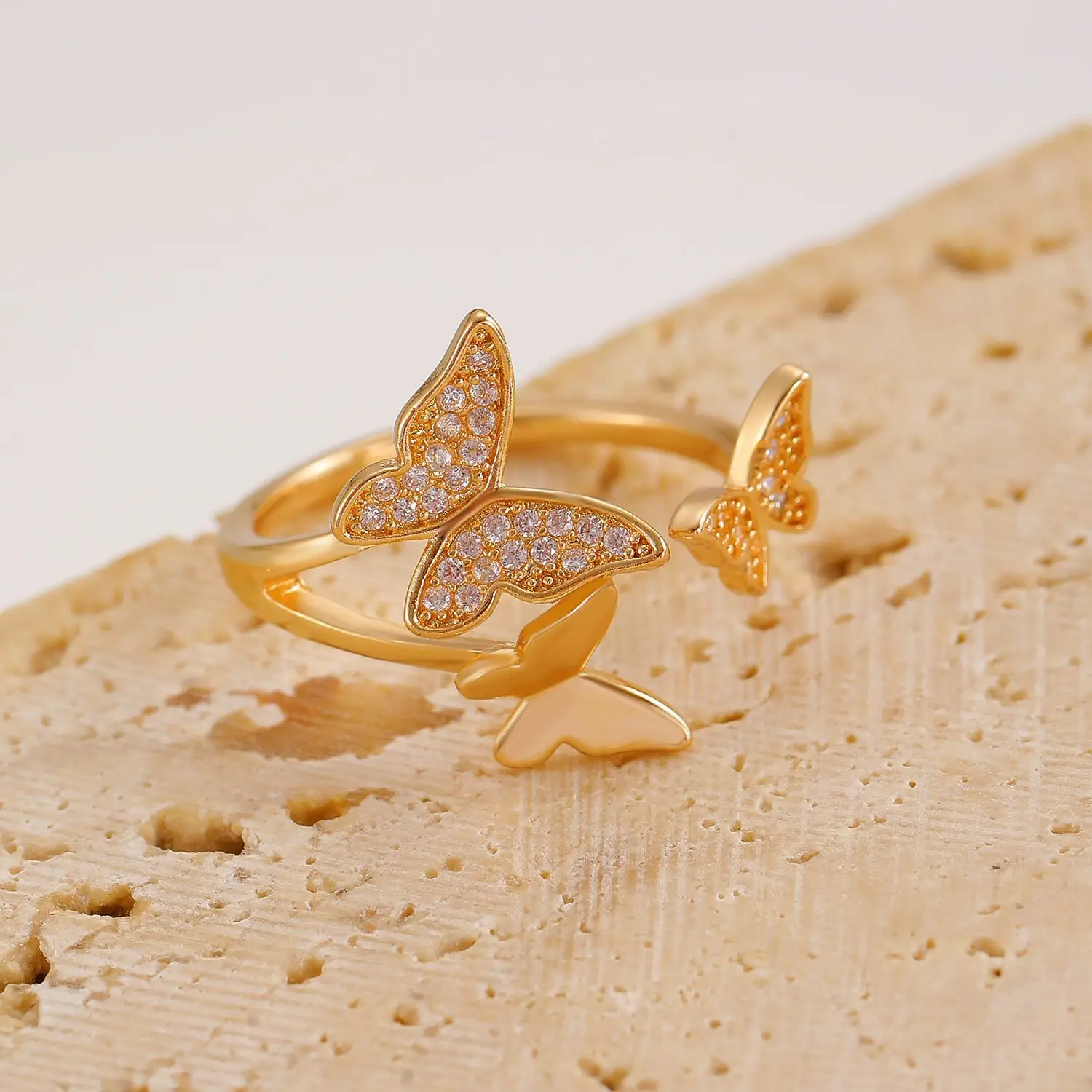 Women Retro Butterfly Adjustable Copper Zircon Ring — feature 26