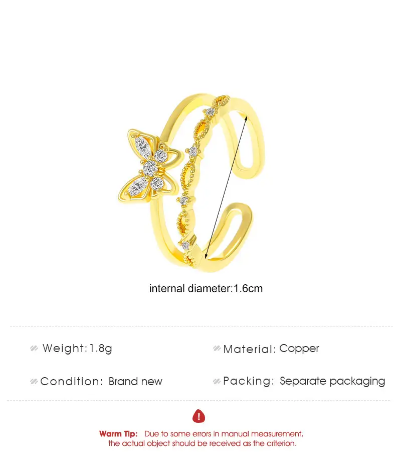Women Retro Butterfly Adjustable Copper Zircon Ring — feature 4