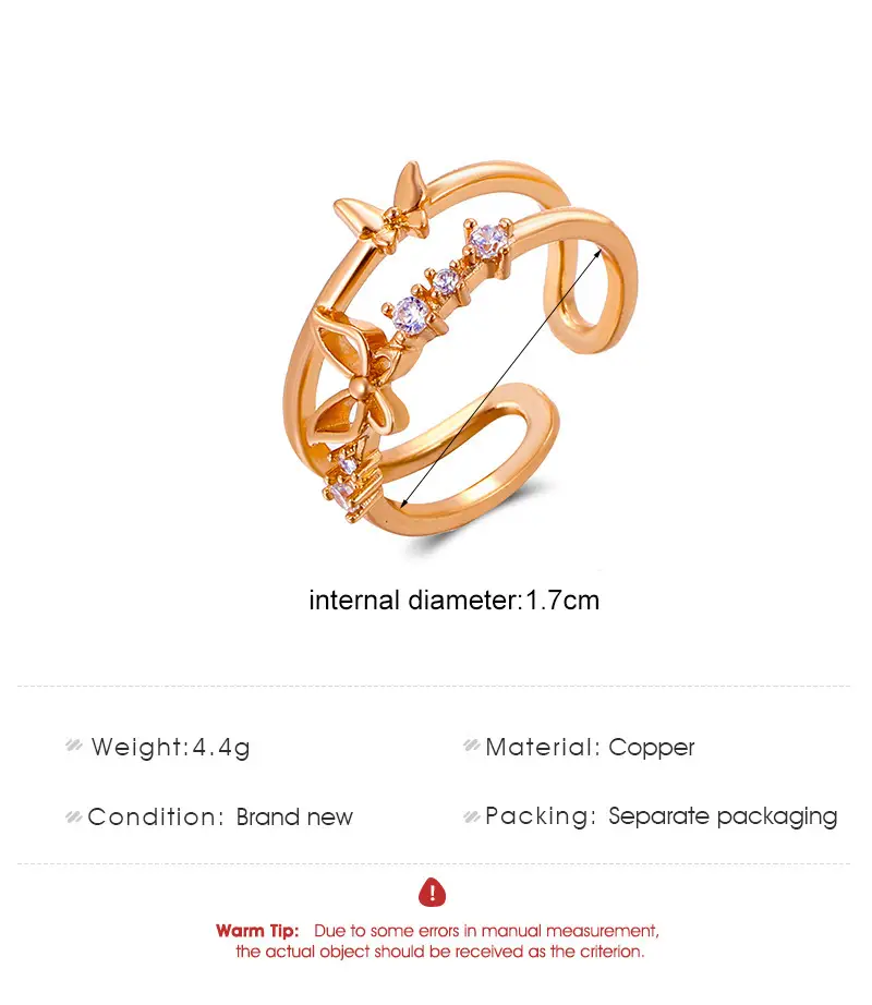 Women Retro Butterfly Adjustable Copper Zircon Ring — feature 5