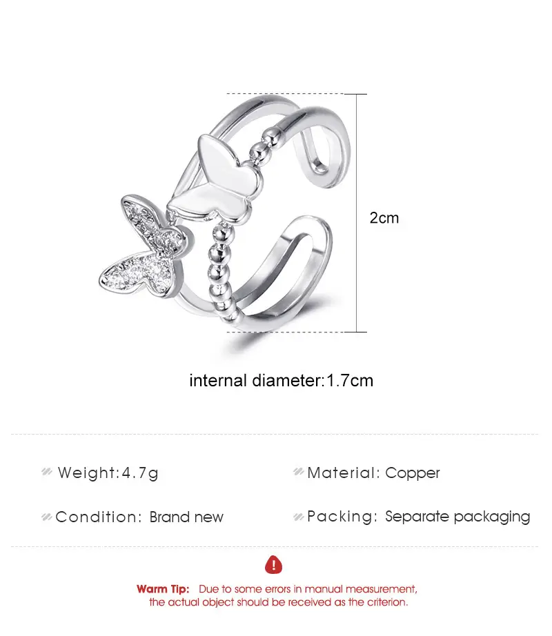 Women Retro Butterfly Adjustable Copper Zircon Ring — feature 6