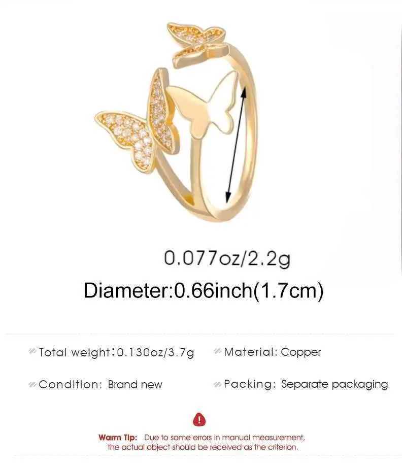 Women Retro Butterfly Adjustable Copper Zircon Ring — feature 8