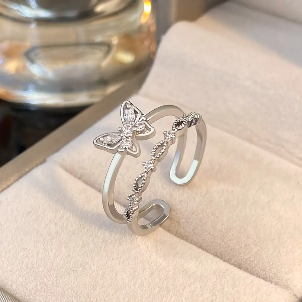 Women Retro Butterfly Adjustable Copper Zircon Ring - Image 5