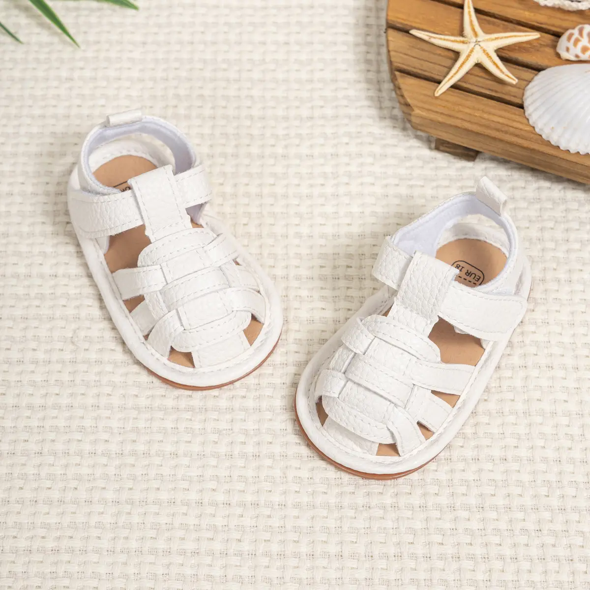 Brown Braided Velcro Baby Sandals Non-Slip